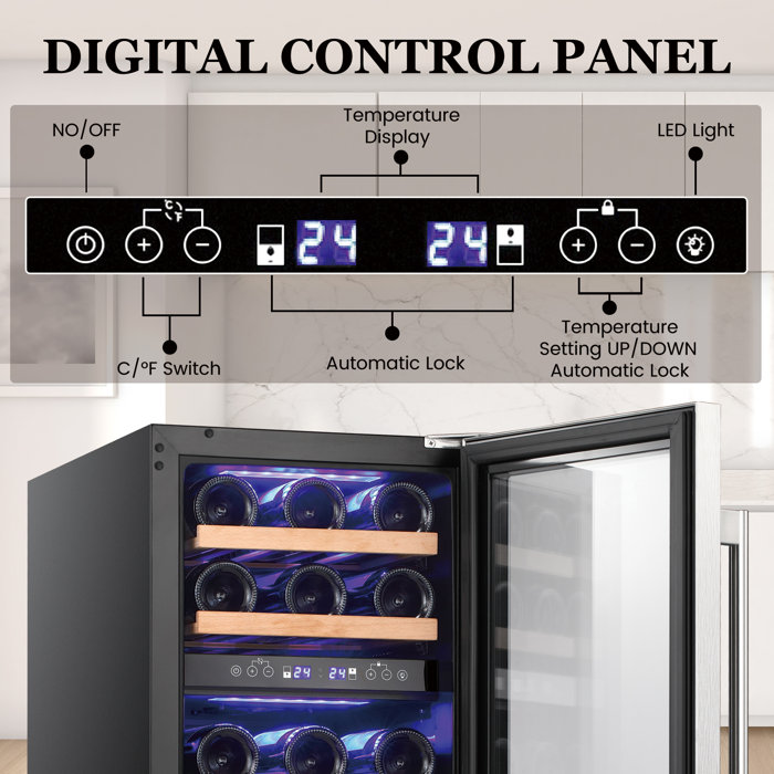 YUKOOL 15'' 28 Bottle Dual Zone BuiltIn Wine & Beverage Refrigerator